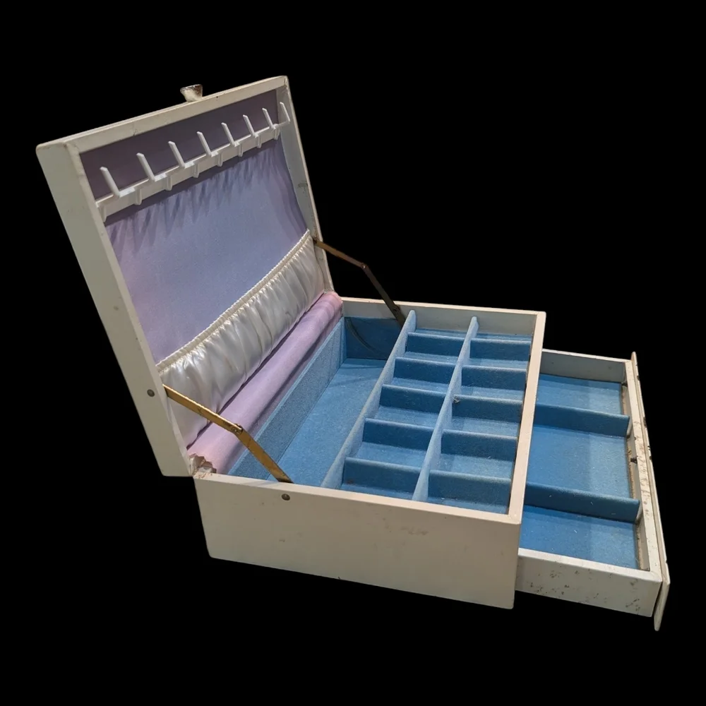 60s Mele & Co. Large Cream W Blue Interior, 3 Tiered, Pop Out Drawer Jewelry Box